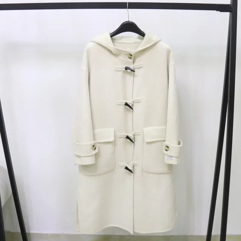 

Horn buckle double-sided wool coat women's college style loose hooded small woolen coat medium length