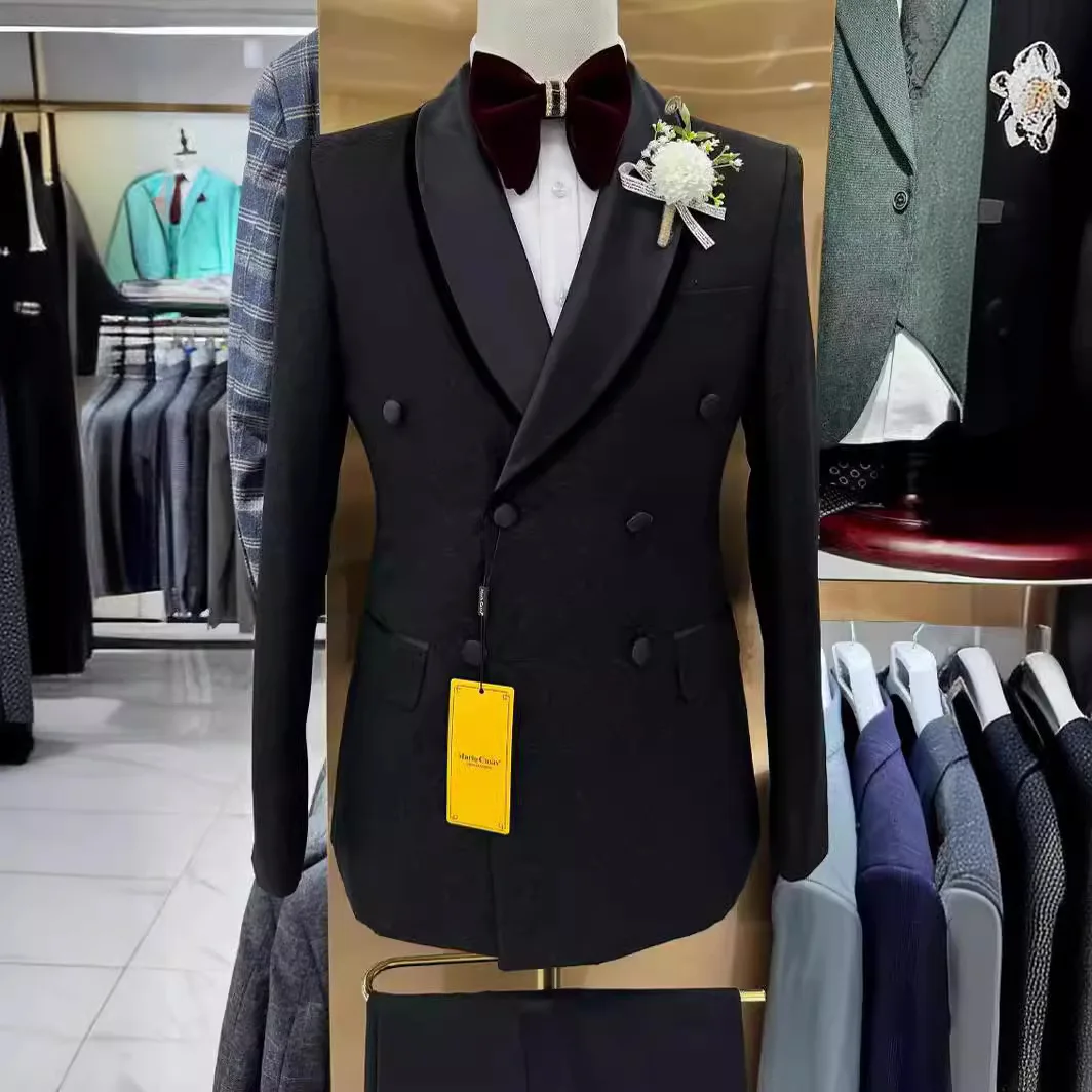 2024 Alkalmi Cégbolt Kék férfiak suits Dublőz brested Bérc Hajtóka Arany gomb Bekötöz esküvői tuxedos beste 2 pcs blazers kabát nadrágot beállítása