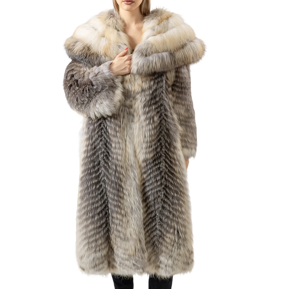 real fox fur long coat with big turn down length 120 cm 250466