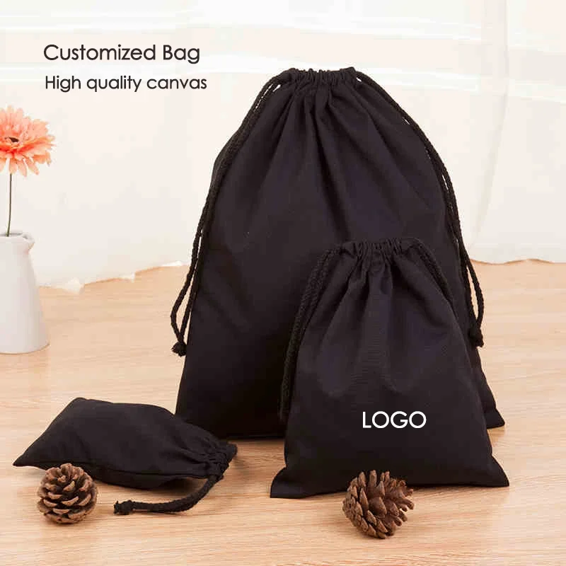 Black Canvas Drawstring Bag Jewelry Pouch Cotton Canvas Bags Cosmetic/Storage/Wedding/Packing/Gift/Earrings/Bead Custom Logo 50p