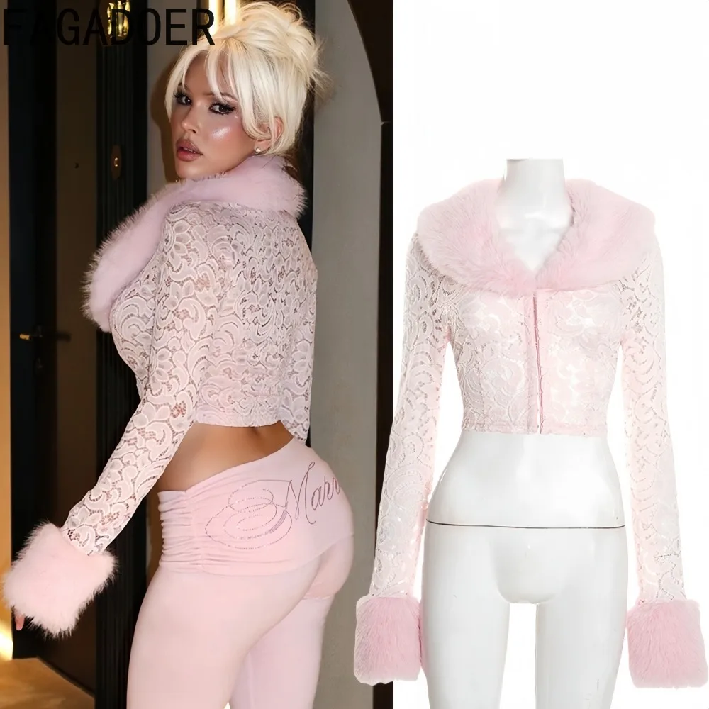 

FAGADOER новая зимняя сексуальная кружевная меховая лоскутная футболка женская с глубоким v-образным вырезом прозрачный топ с длинными рукавами женская уличная одежда