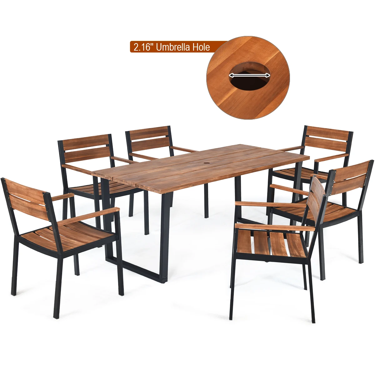 

7PCS Outdoor Patio Dining Chair Table Set Acacia Wood w/ Umbrella Hole Patented