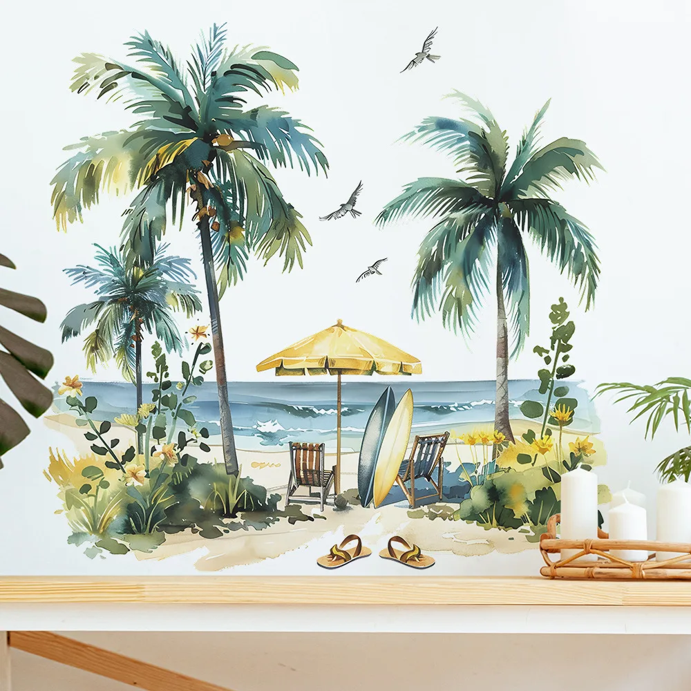 Painted summer fresh free beach coconut tree study living room porch home beautification wall stickers selling ins