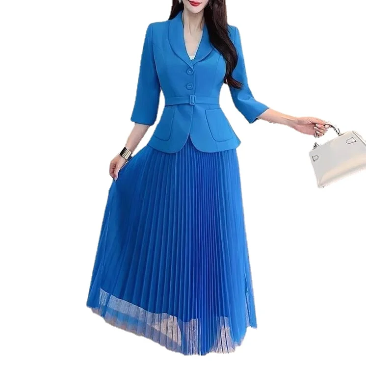 

Spring 2023 New Women's Suit Jacket Mesh Dress Set Temperament High end High waist Two piece Fashion