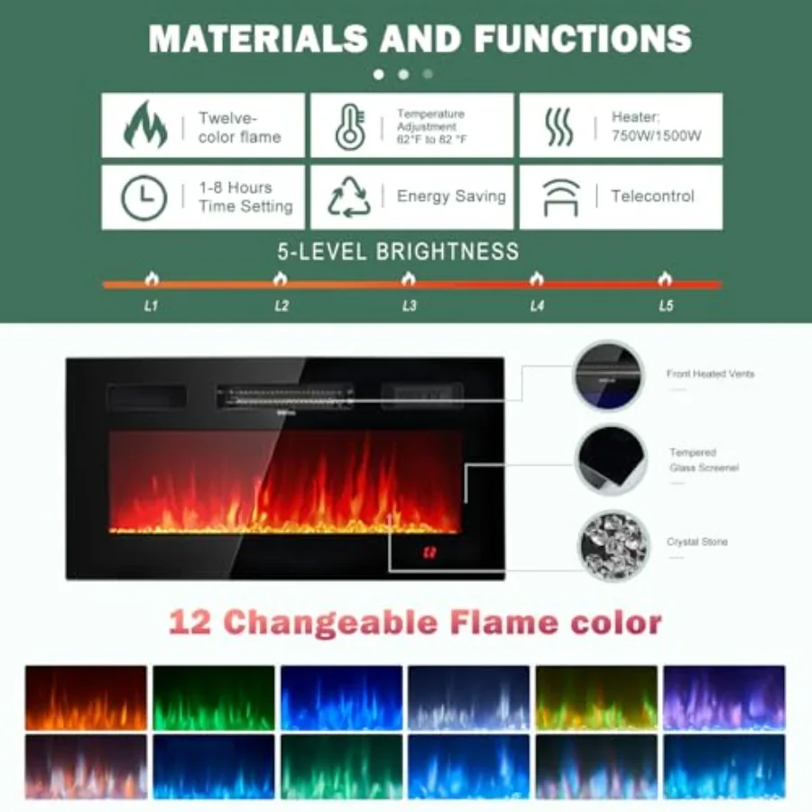 Suporte de TV com lareira moderna com 36 lareiras elétricas para TVs de até 80 polegadas Centro de entretenimento com luz LED com cabine de alto brilho