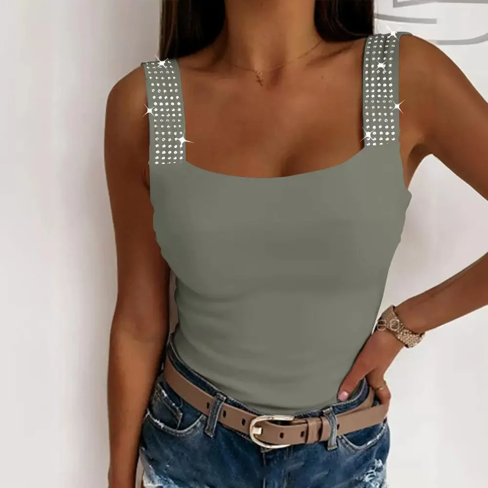 Women Top Sexy Sling Tops Slim Fit Sleeveless Casual Vests Round Neck Sheath Solid Tees Elegant Splice Summer T Shirts