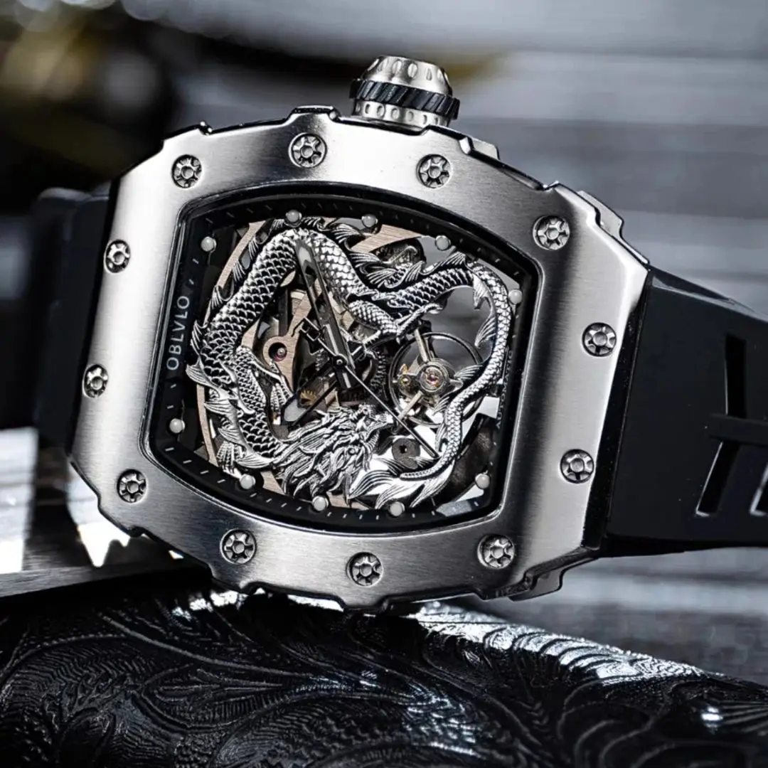 

OBLVLO Men Automatic Watch 50mm Mechanical Wristwatch Tonneau Skeleton Dragon Dial Sapphire 50M Waterproof Luminous