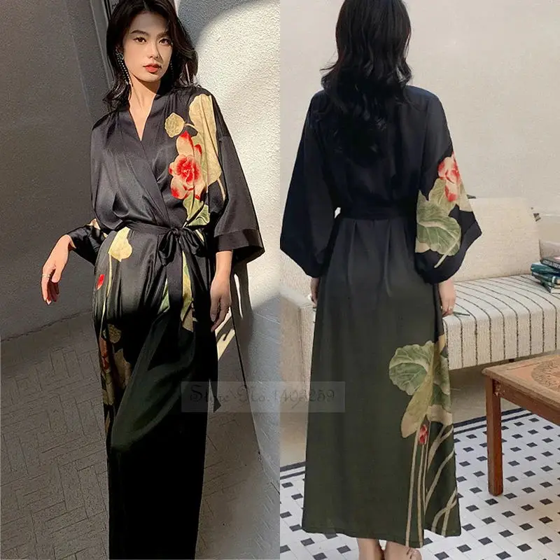 Female Long Robe Sleepwear Yellow Print Flower Half Sleeve Kimono Bathrobe Gown Nightdress Loose Satin Home Wear Loungewear