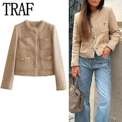 TRAF Camel Tweed Jacket Women Frayed Autumn Cropped Jacket Woman Fashion Long Sleeve Elegant Womens Jackets Button Short Coats