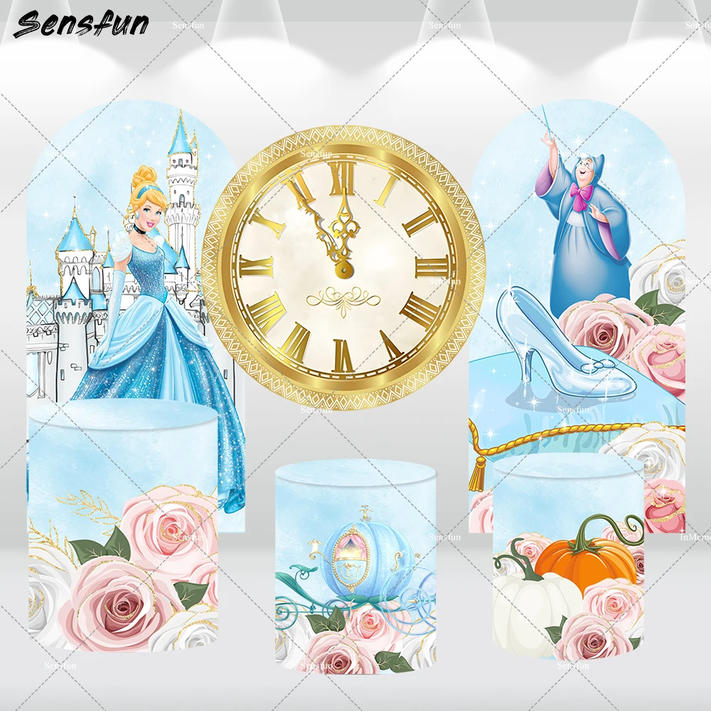 Princess Clock Round Backdrop Cover Castle God Mother Cinderella Girl Birthday Arch Backdrop Wall Flower Cylinder Covers