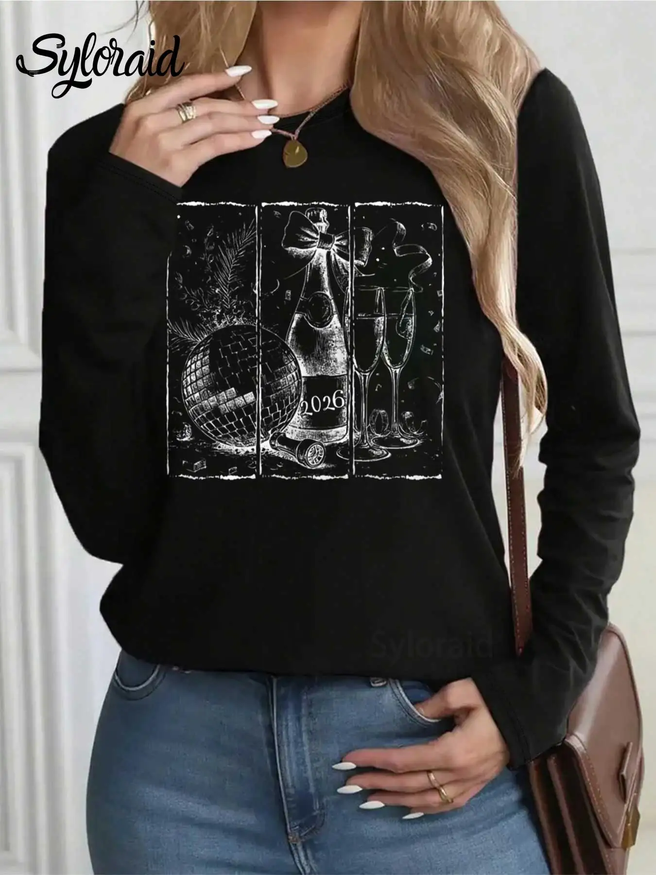 여성용 긴 소매 티셔츠 새해 2026 디스코 볼 프린트 티셔츠 패션 라운드 넥 캐주얼 탑