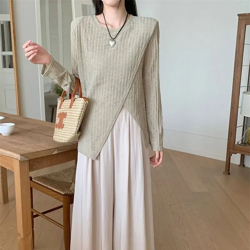 Women's Clothing Stylish Split Irregular Shirt Spliced Long Sleeve Spring Autumn Casual Round Neck Solid Color All-match Blouse