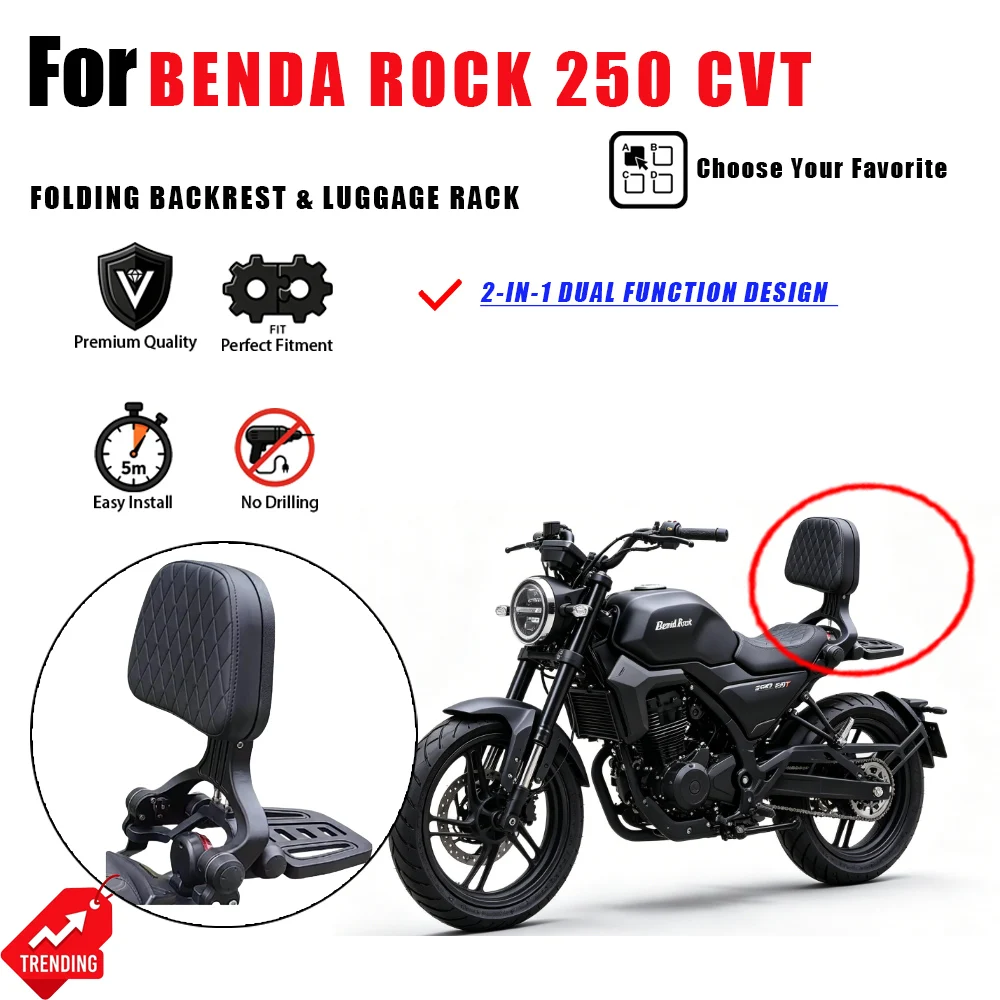 Respaldo Plegable con Portaequipajes Trasero para Benda Rock 250 CVT, Sissy Bar, Respaldo Moto, Portaequipaje, Schienale, Portapacchi, Piezas