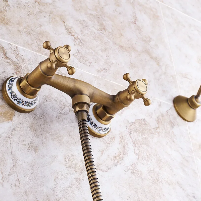 Retro Shower Faucets Antique Brass Ceramics Bathtub Faucets Rain Shower HandHeld Bathroom Sanitary Wall Mount Shower Mixer Tap