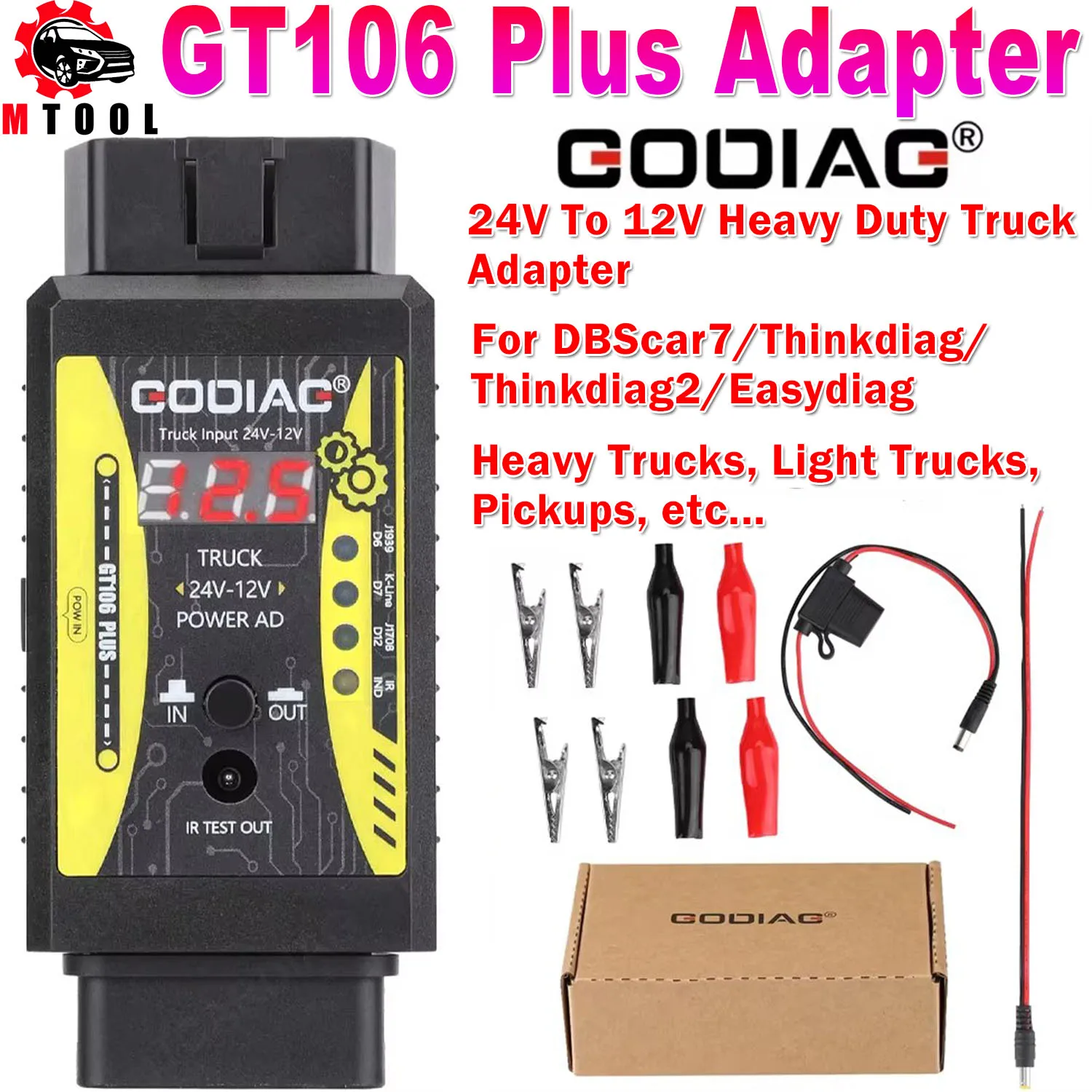 

Godiag GT106 PLUS OBD2 24V to 12V Heavy Duty Truck Adapter for Easydiag/ Golo/ ThinkCar/ICarScan/Thinkdiag 2/DBScar II DBScar7