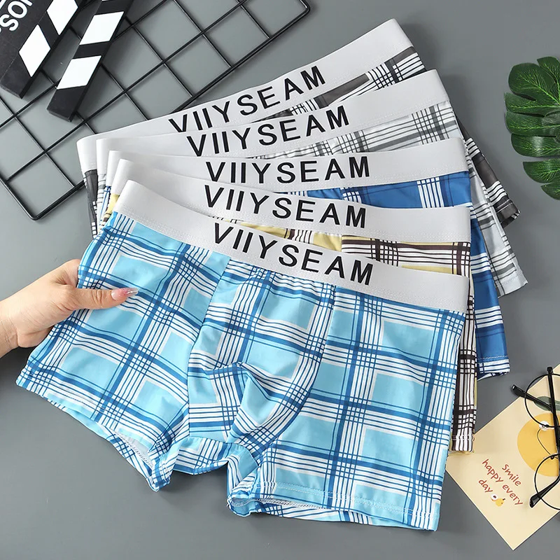 Ice Silk Men\'s Underwear Summer Breathable Panties Thin Section of The Trend of Printing Four Corner Pants Plaid Boxer Shorts