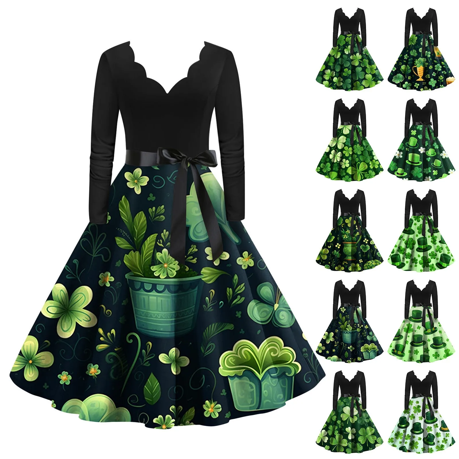 Big Swing Print Vintage St. Patrick's Day Dress Women Spring Summer Casual Long Sleeve V Neck Sexy Clovers Party Dress