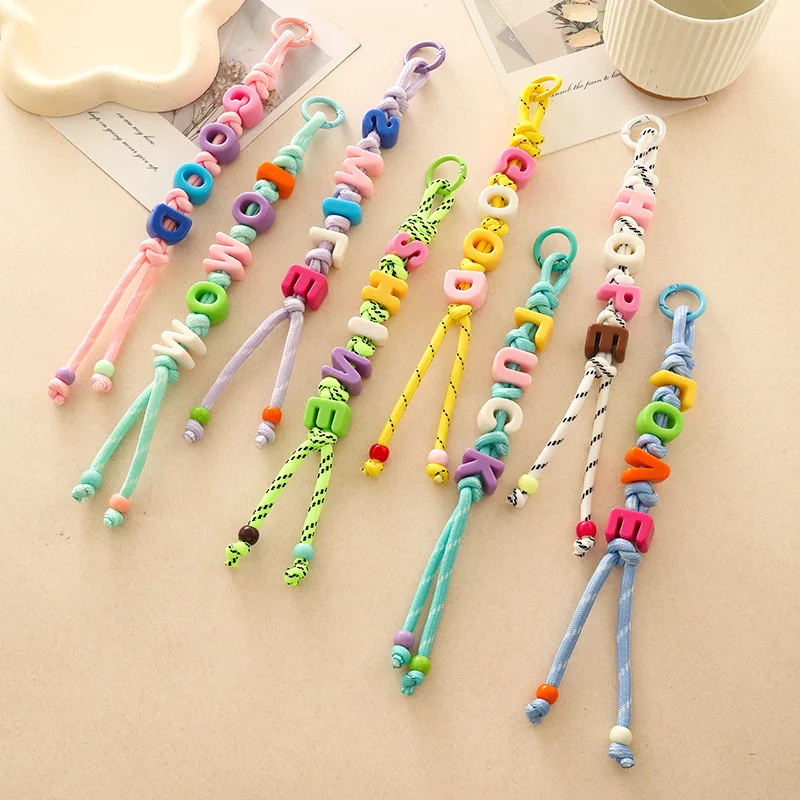 Dopamine Acrylic Beads Letter Colored Braided Rope Backpack Pendant Key Chain  Women Men Bag Car Beads Key Chain Accessories