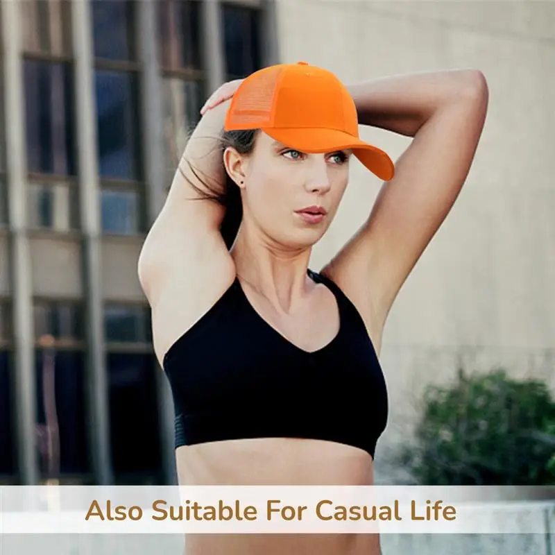 Orange Peaked Cap With Spliced Mesh Design Fashionable Baseball Cap Hat Breathable Long-Brim Cap With Adjustable Buckle Strip