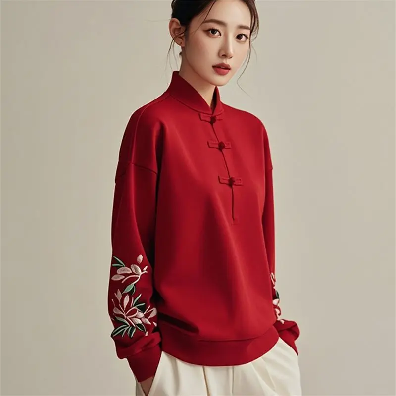 

Blouse Sweatshirt Long-sleeved Undershirt Autumn/Winter Women's New Chinese Style Button Fastening Embroidery Stand-up Collar