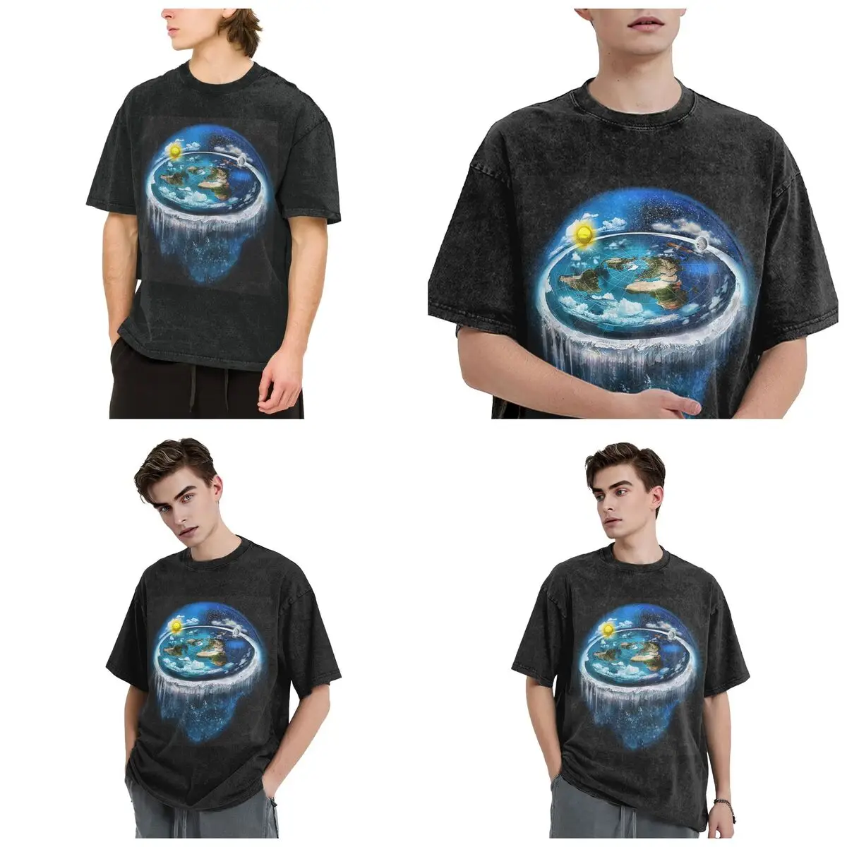 Flat Earth With Dome A Hip Hop Short Sleeve T-Shirts Washed Tops Tees Streetwear T Shirt Cotton for Men Women