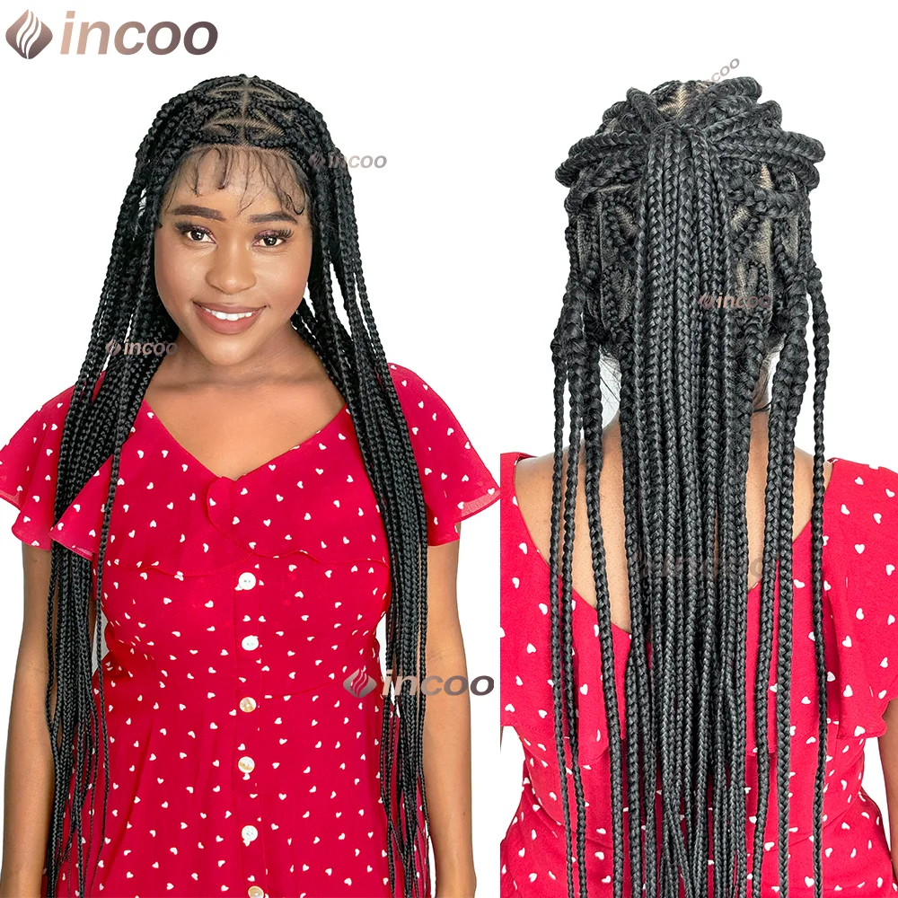 36 بوصة الاصطناعية فولاني شعر مستعار مضفر مع شعر الطفل كامل الدانتيل اليدوية Cornrows عالية ذيل حصان مضفر الدانتيل الباروكات للنساء السود
