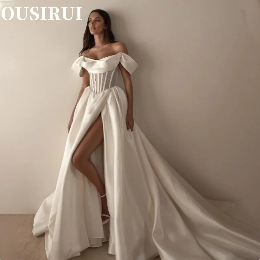 

OUSIRUI Satin A LIne Wedding Dresses Side Slit Sweep Train Custom Made 2024 Modern Off The Shoulder Pleat Rode De Noiva