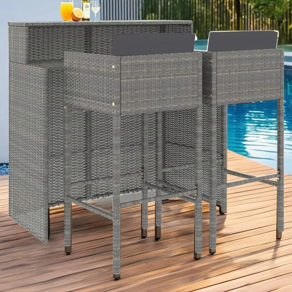 3-Piece Gray Poly Rattan Patio Bar Set with Cushions – Stylish Outdoor Furniture