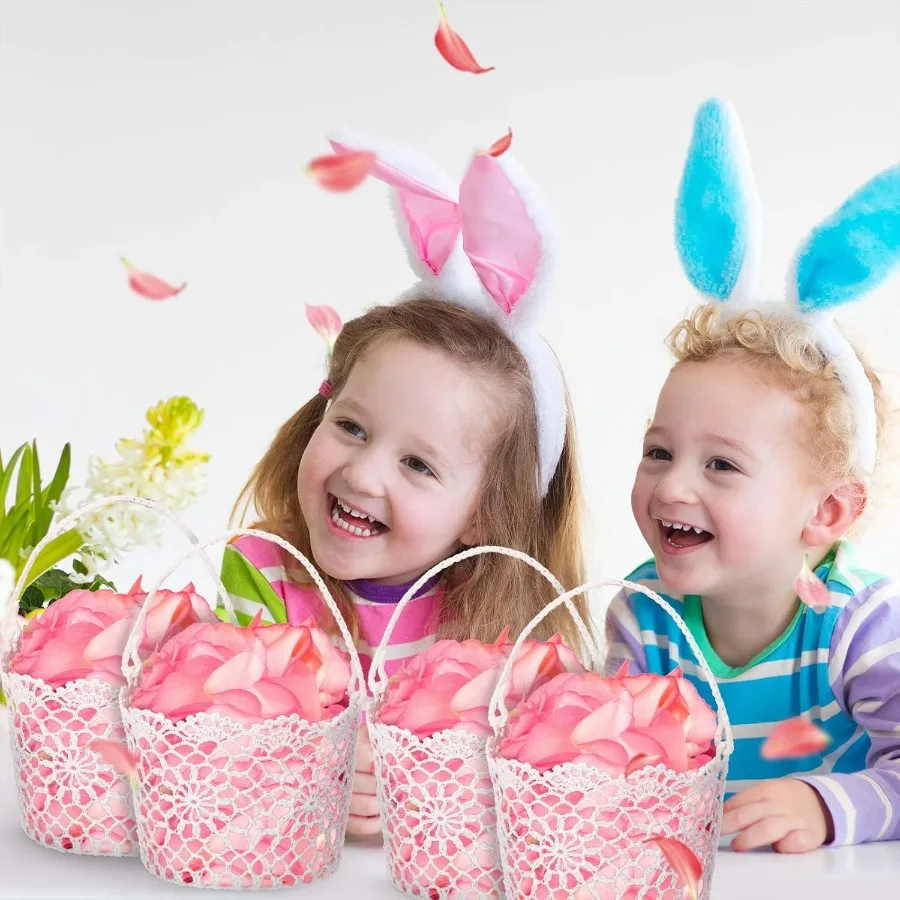 4pcs White Flower Girl Basket with Handle for Wedding Ceremony Elegant Floral Decoration for Bridal Shower and Reception Ideal