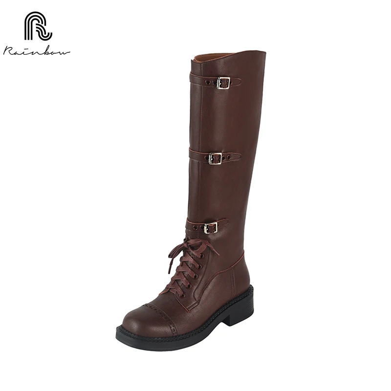 RAINBOW 34-39 Women's Genuine Leather Knee High Pipe Boots Pipe High Heel for Winter Shoes Retro fashion buckle no With Fur