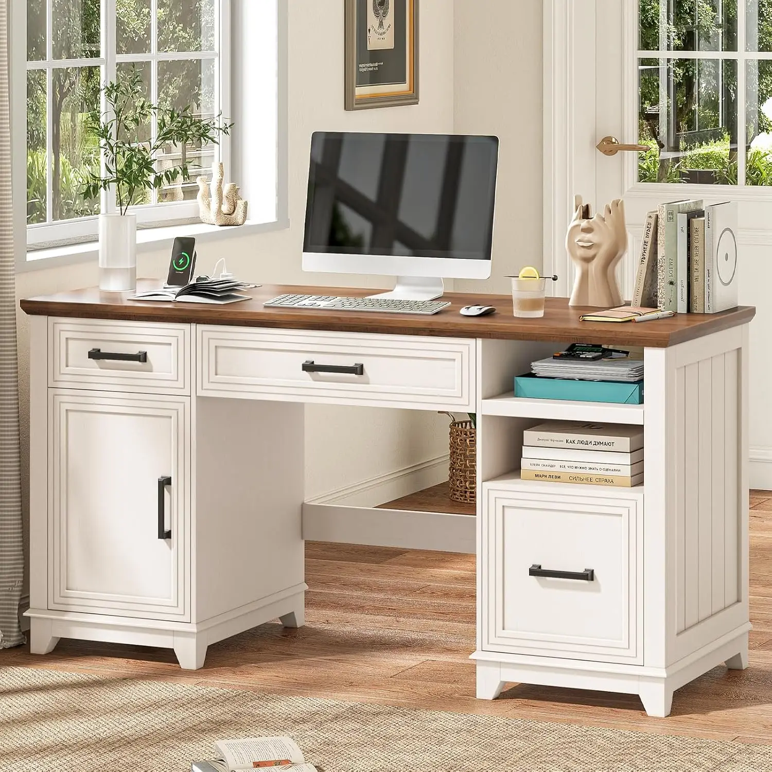 55" Farmhouse Executive Desk with Charging Station, Rustic White | Wooden Computer Desk with 3 Drawers and Storage, Customized