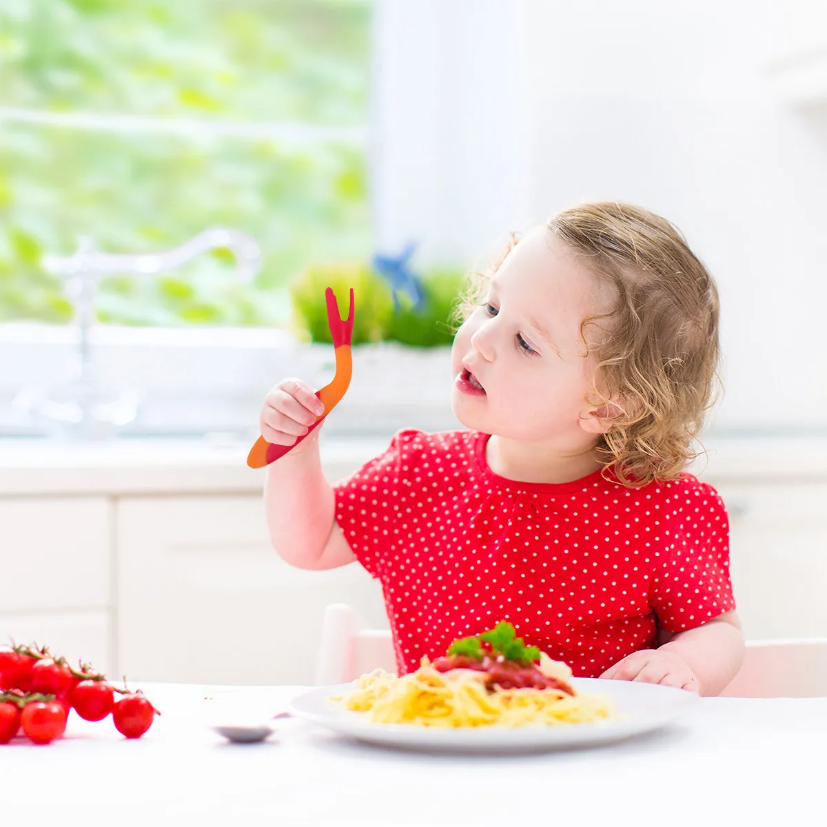 

1Set Baby Training Tableware Curved Spoon Fork Set Red High Temperature Resistant Non Slip Handles for Toddlers Learning
