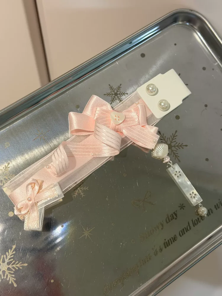 Pink Double‑layer Bow Keyboard Ribbon Shell Pearl Pendant Mechanical Keyboard Decorative Girly Cute Japanese Style Accessory
