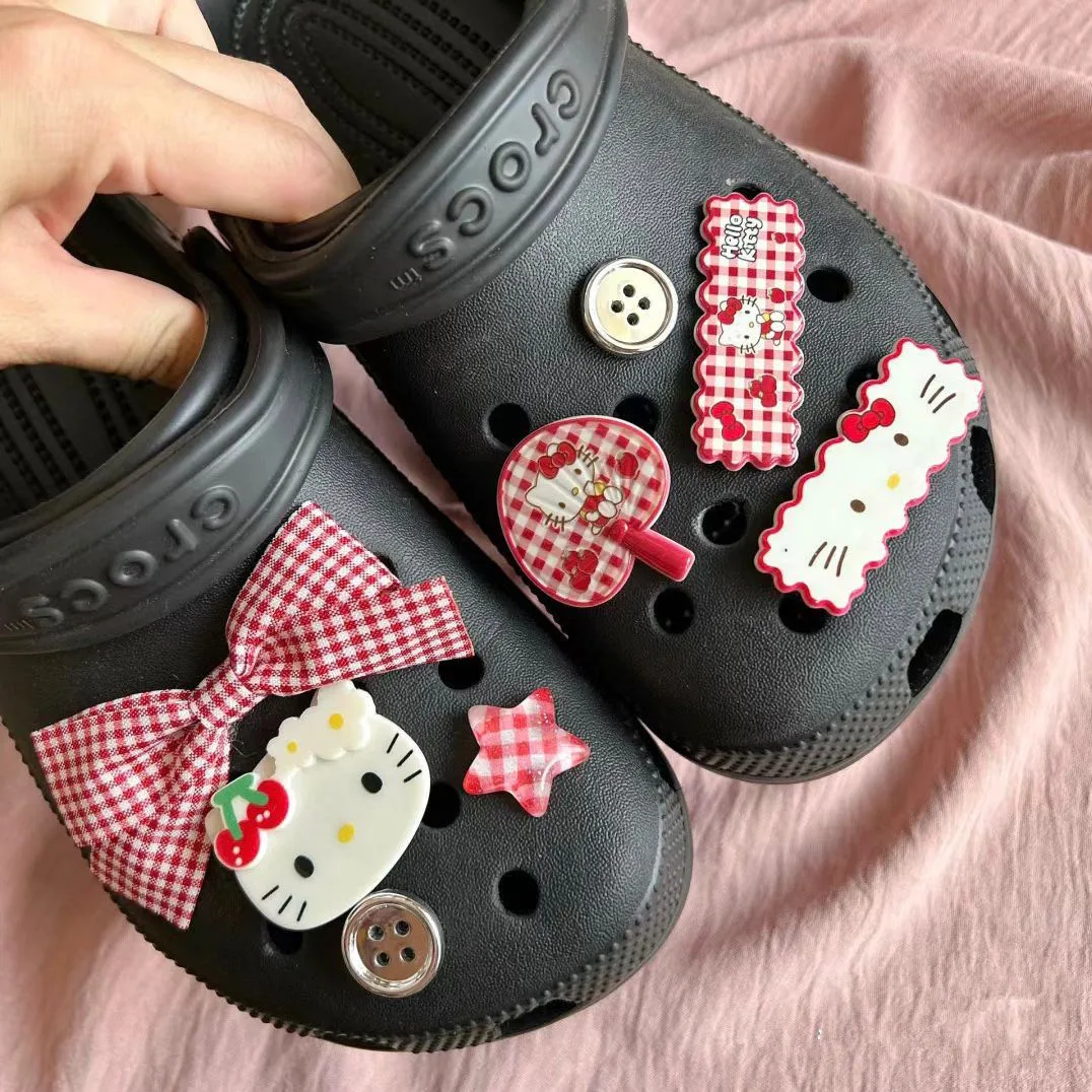 

Red Grid Series Cat Hole Shoes Cartoon Cute Shoe Flowers Shoe Buckles Butterfly Bows Detachable Shoe Upper Decoration