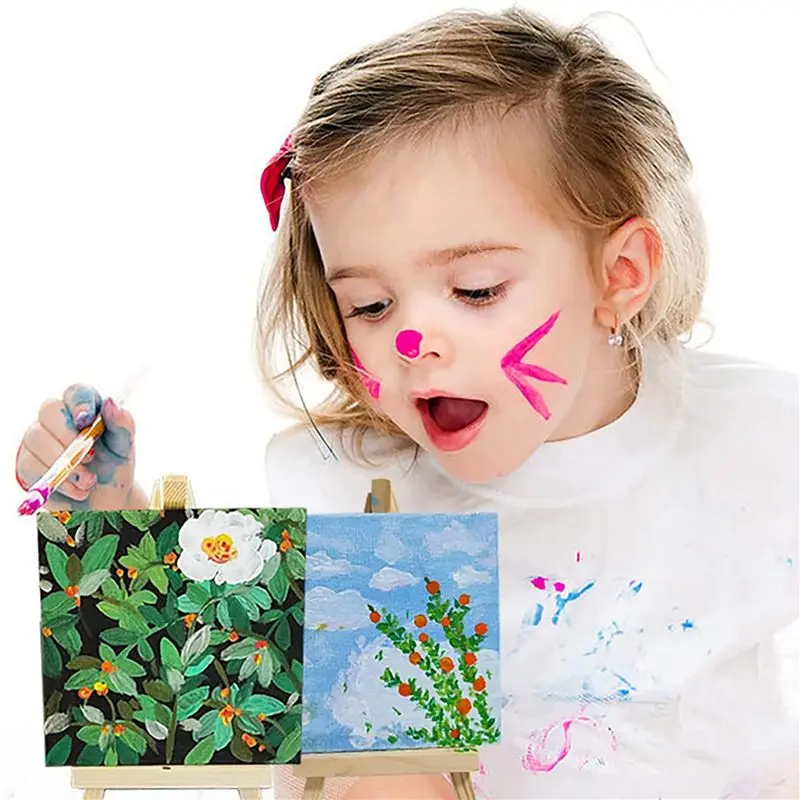 Exquisite-28Pcs Mini Canvas And Easel Brush Set, Canvas 4X4 Inch, Pre-Stretched Canvas, Mini Painting Kit, Kids Painting Party