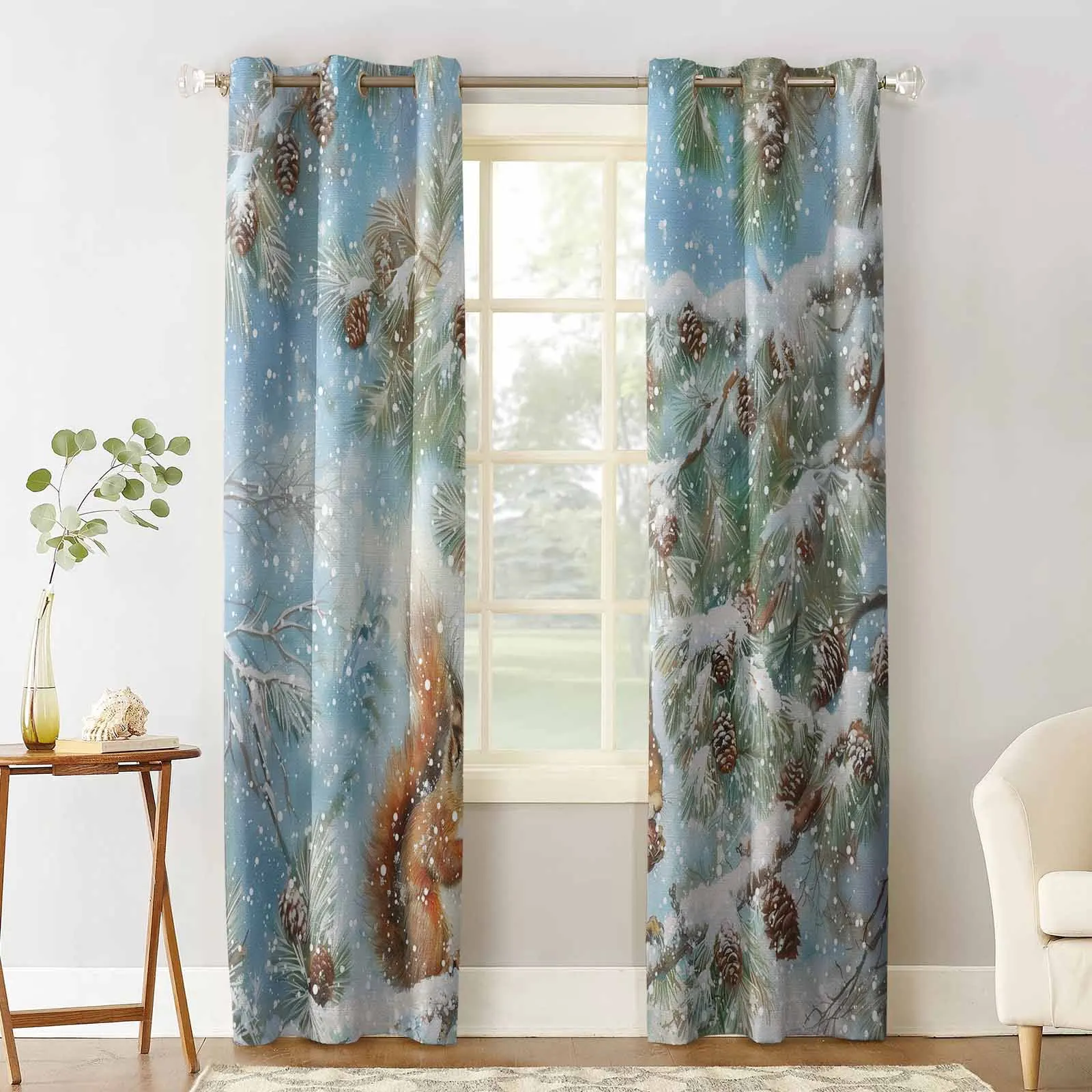 Christmas Winter Squirrel Snowflake Pine Tree Curtains For Kitchen Bedroom Window Treatment Curtains For Living Room Home Decor