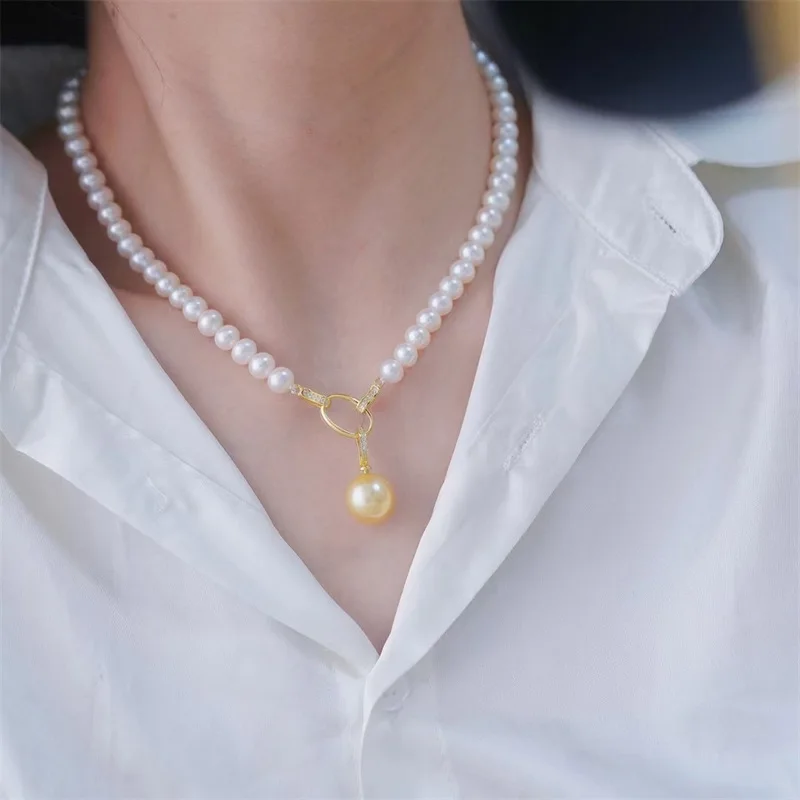 

18K Gold Plated Detachable Multi Wear AAA++ 8-9mm Round Akoya White Pearl Necklace 18inch（gold pearl pendant 10.5mm）