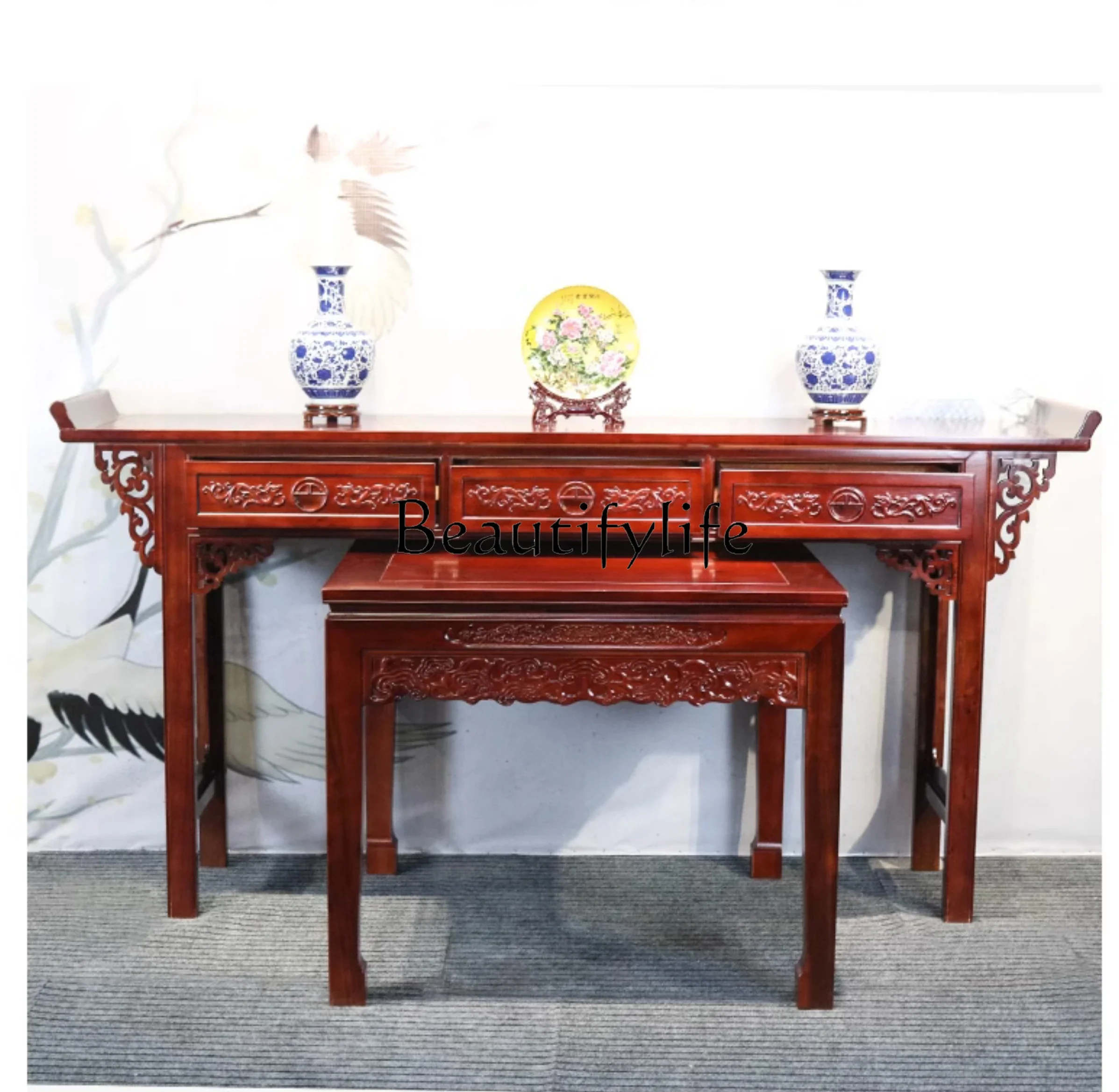 

Zhongtang Six-Piece Chinese Solid Wood Antique Altar Hall Old-Fashioned Square Table for Eight People