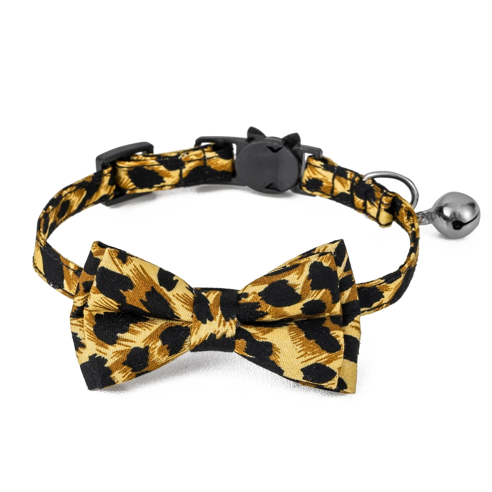 100% Cotton Leopard Print Safety Buckle Breakaway with Cute Bow Tie and Bell for Kitten Adjustable Pets Bandana Cat Collar