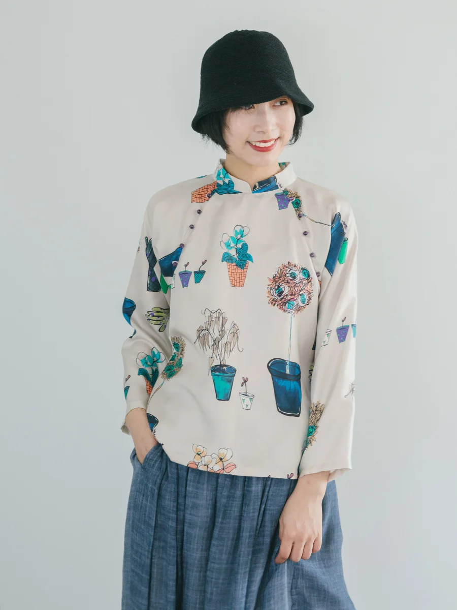 

Xiaopu Yuan Ji fiti Silk Long Sve Loose Chinese Sle irt Low Collar Insert oulder Sve Women's Premium Faion