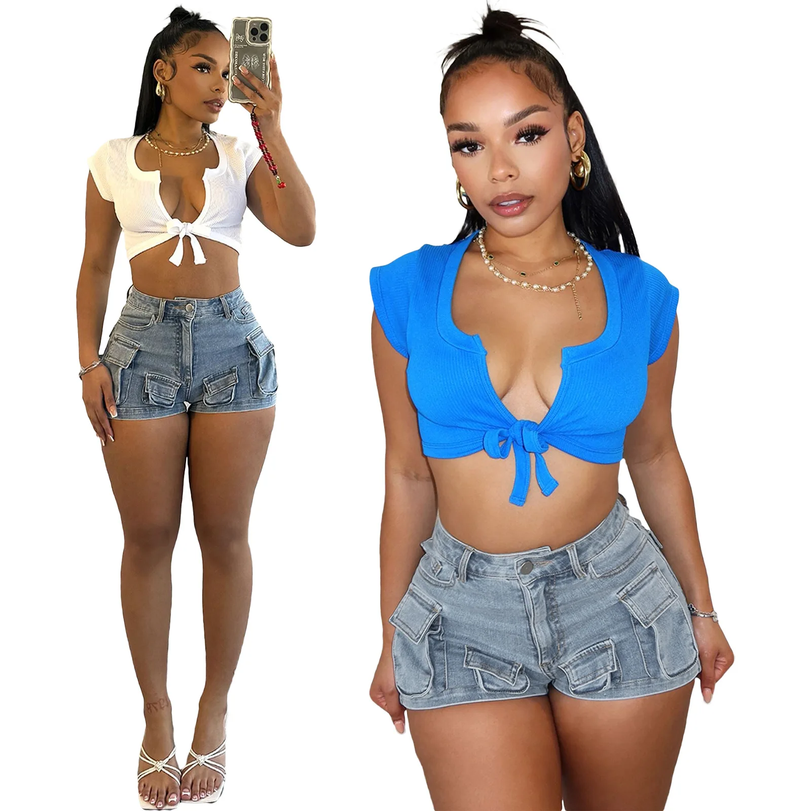 

Fashionable new women's clothing New cargo bag stretch denim shorts women jeans slouchy jeans