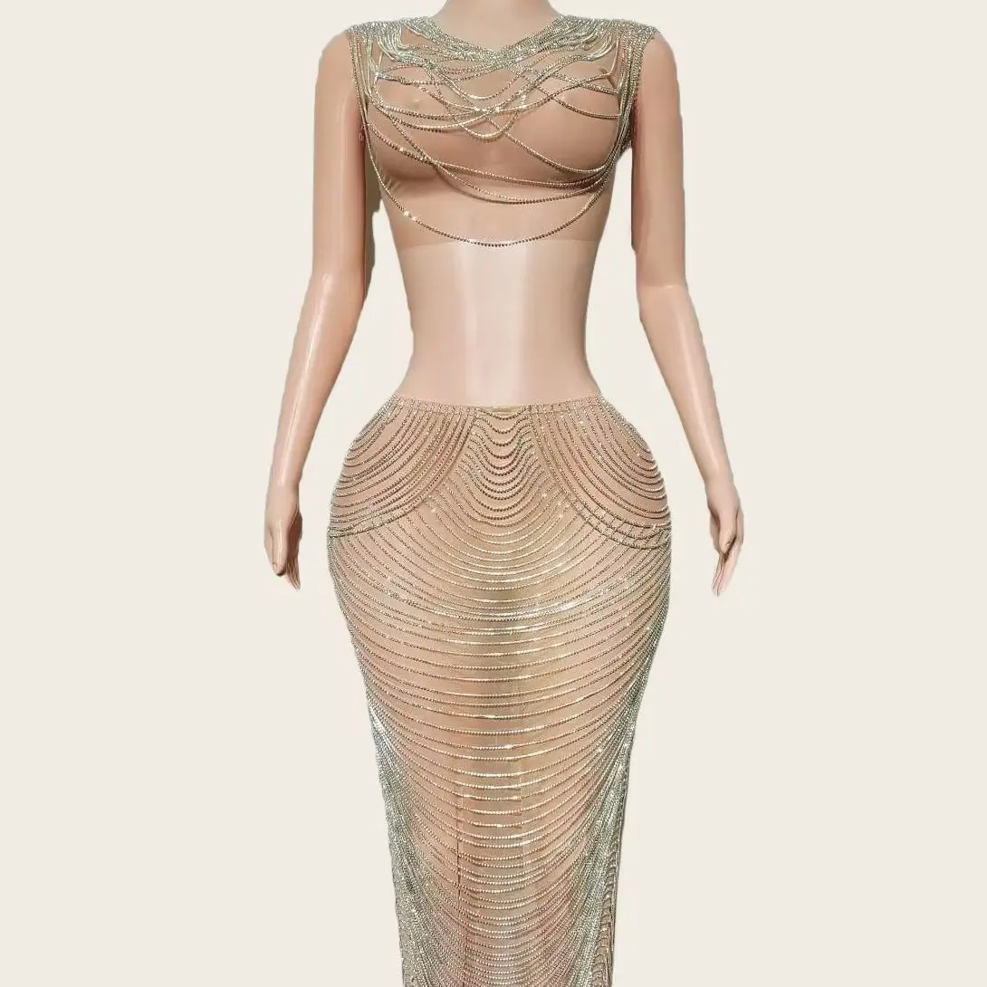 

Luxury Crop Tops Long Skirt 2Pieces Set Gala Red Carpet Women Couture Party Festival Sexy Crystals Chains Evening Gown Dianche