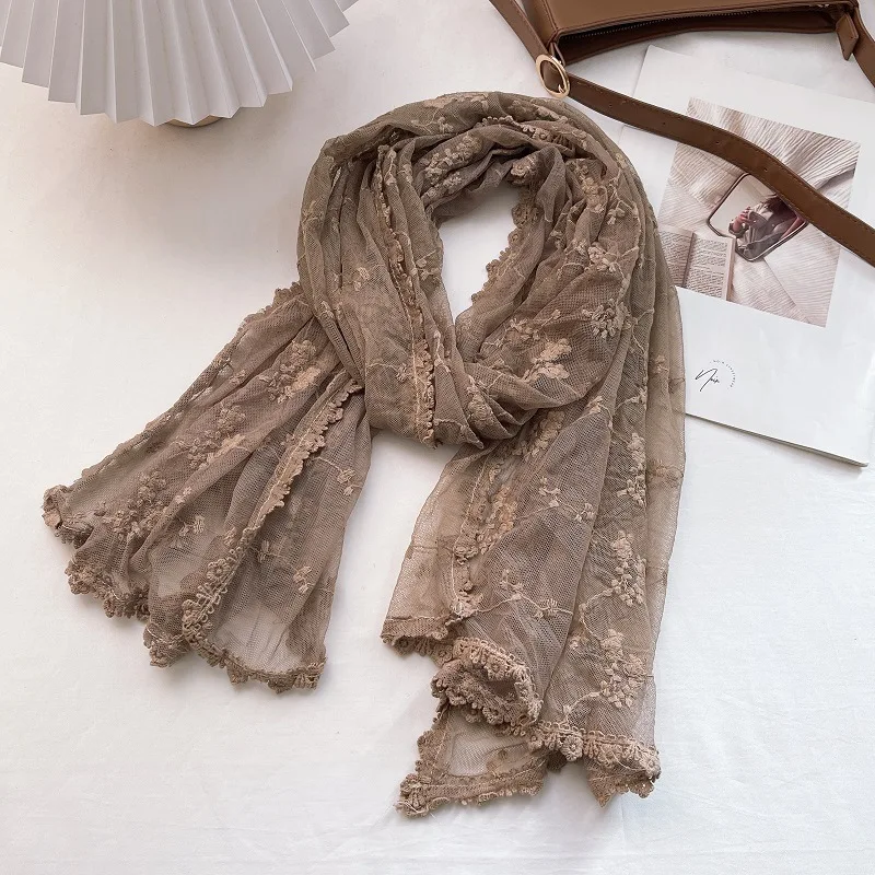 Vintage Hollow Lace Scarf Women\'s Shawl Silk Scarf Transparent White Gauze Embroidered Thin Cotton and Linen Spring and Autumn