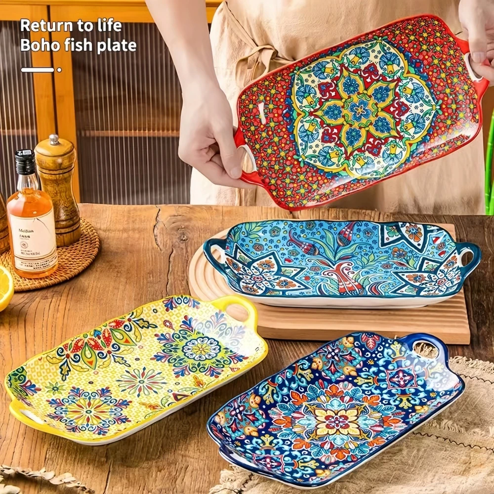 1pc Bohemian style ceramic fish dish with handle: 12.8-inch rectangular dining table tray, suitable for microwave and oven