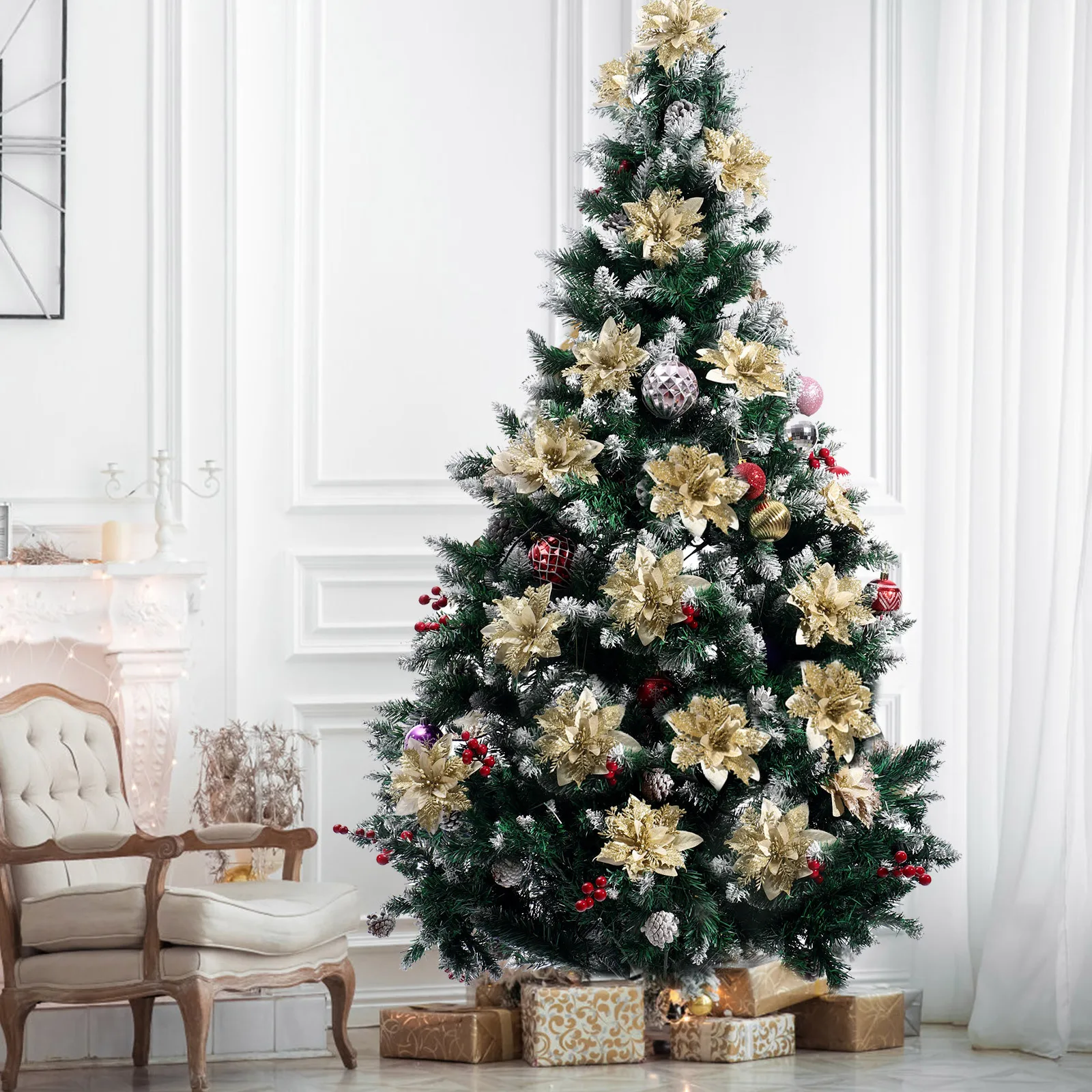 

12Pcs Christmas DIY Decorations Glitter Poinsettia Artificial Flower Ornaments for Home Bar Restaurant Stage Lighting