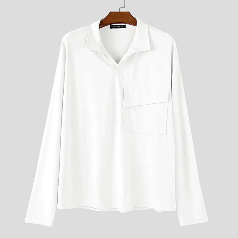 INCERUN الرجال قميص بلون التلبيب كم طويل جيوب موضة الرجال الملابس الشارع الشهير فضفاض موضة بلايز عادية قمصان الذكور #6