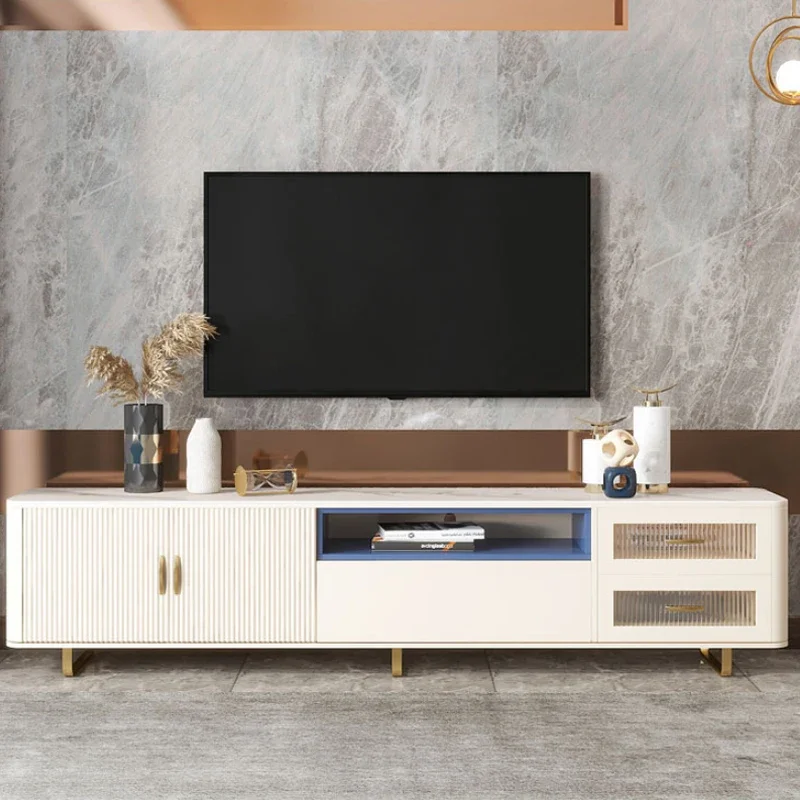 MDF Modern Luxury TV Cabinet Living Room Furniture Stainless Steel Metal Rock Plate Storage TV Stand