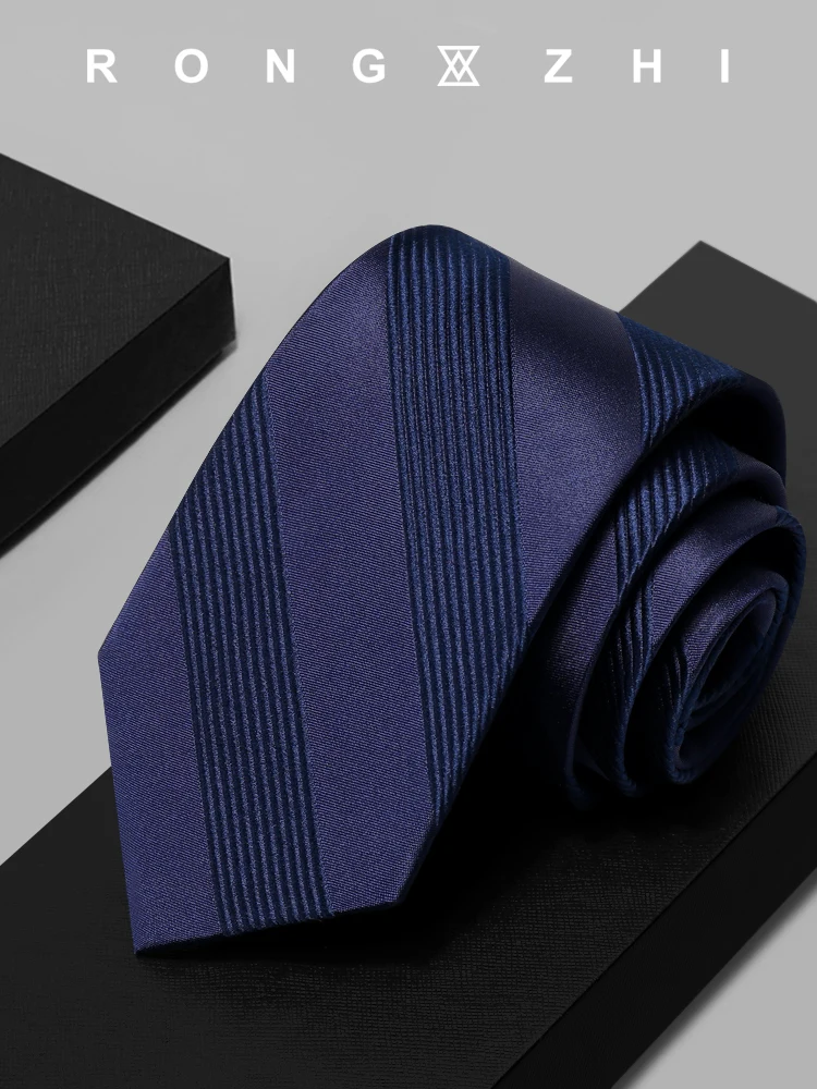 High Quality 100% Silk Dark Blue Two Tone Striped Tie For Men's Fashion Business Banquet Shirt Accessories 8CM Wide Silk Tie