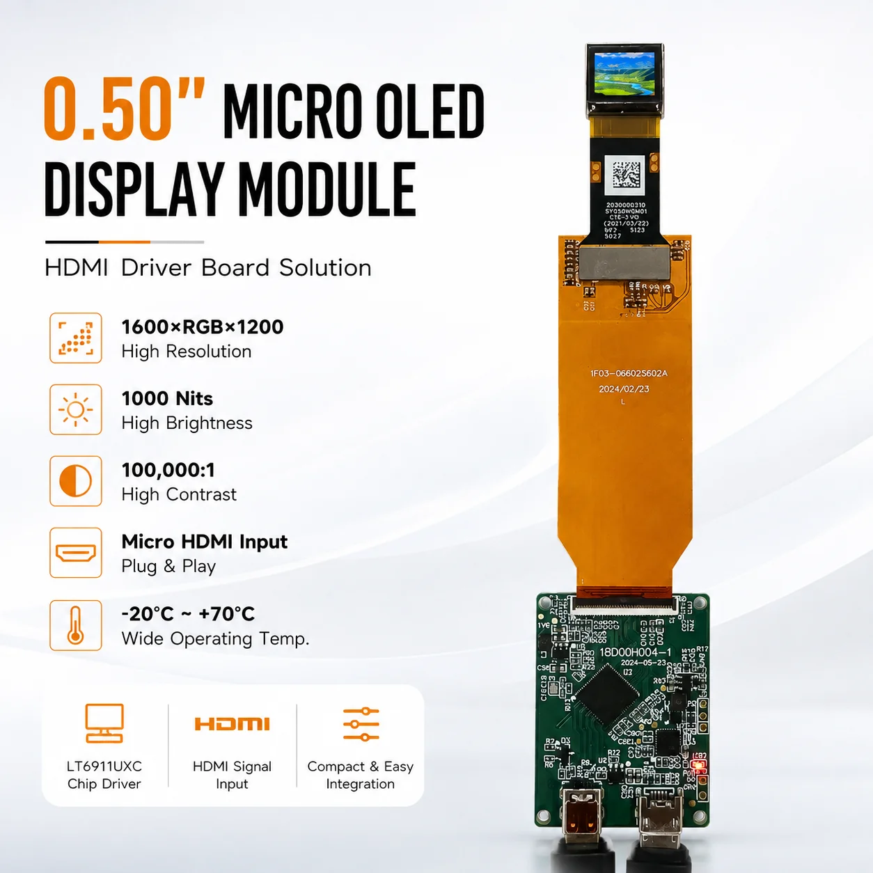 0.5 Inch Silicon Based OLED Display Module 1600*1200 Si OLED Micro Display Micro HD MI Input AR VR Monocular Display