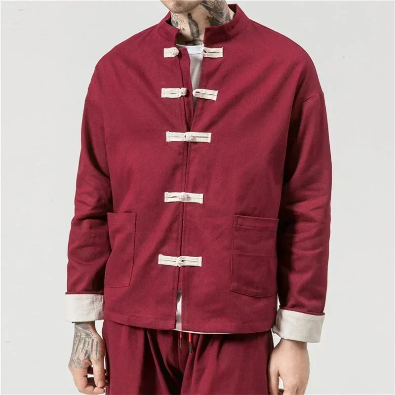 2025 Chinese Traditional Retro Coat Man Autmn Long Sleeve Tang Suit Mandarin Collar Buckle Jacket Oriental Cotton Kung Fu Shirt
